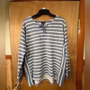 Jones New York Nautical Striped Lace Up Knit Top Blue White Women’s L